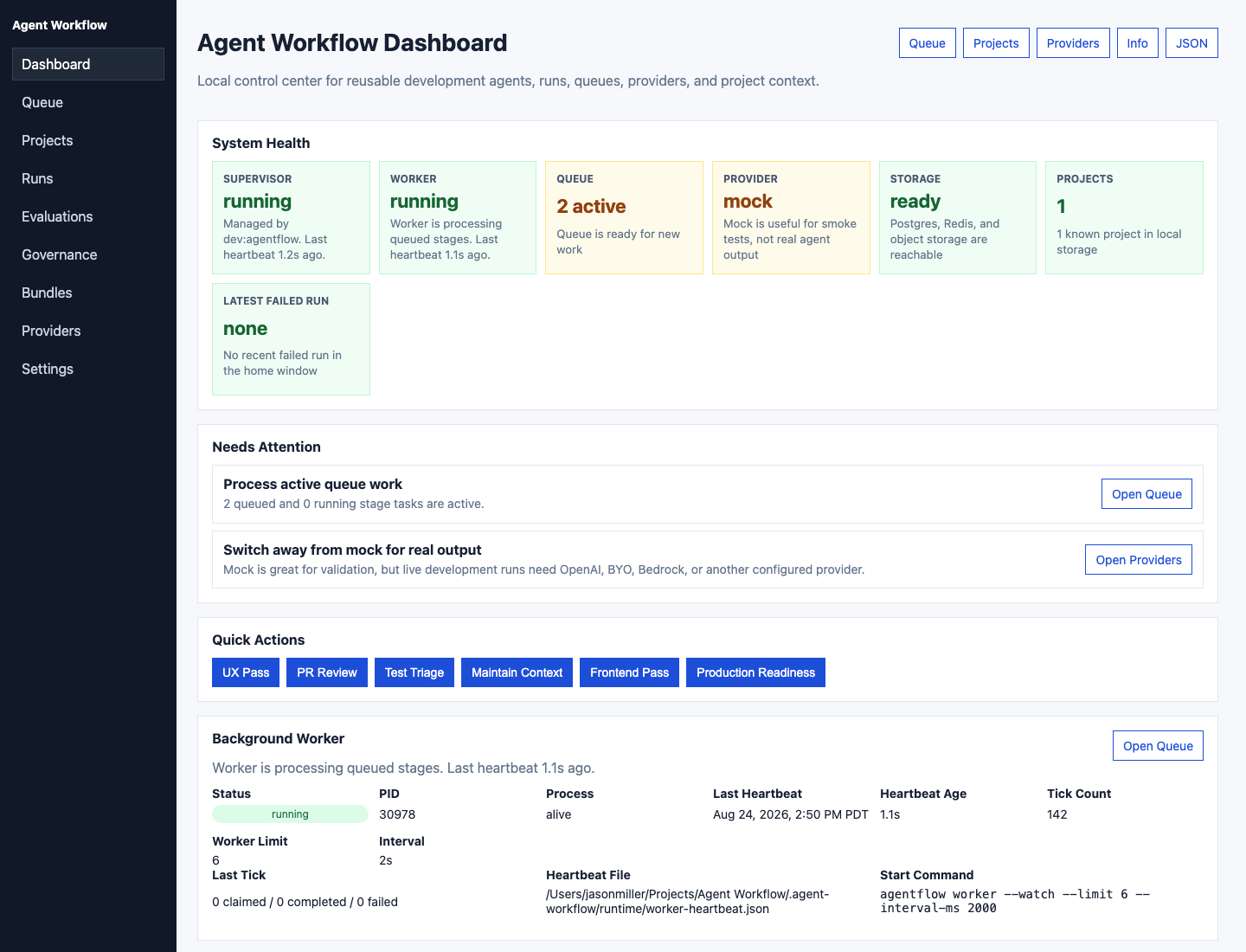 Agent Workflow dashboard with system health and quick actions