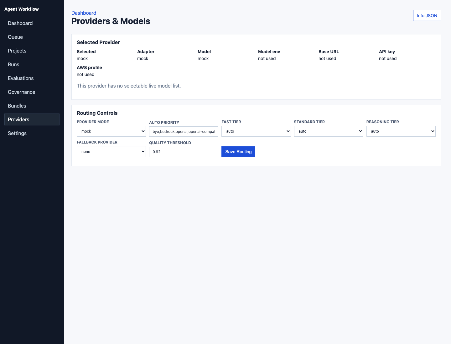 Agent Workflow providers screen with model routing controls