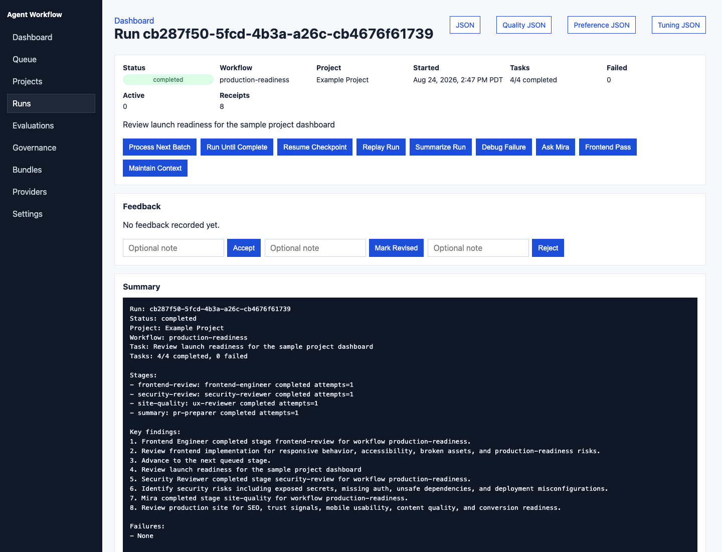 Agent Workflow run detail screen with task evidence