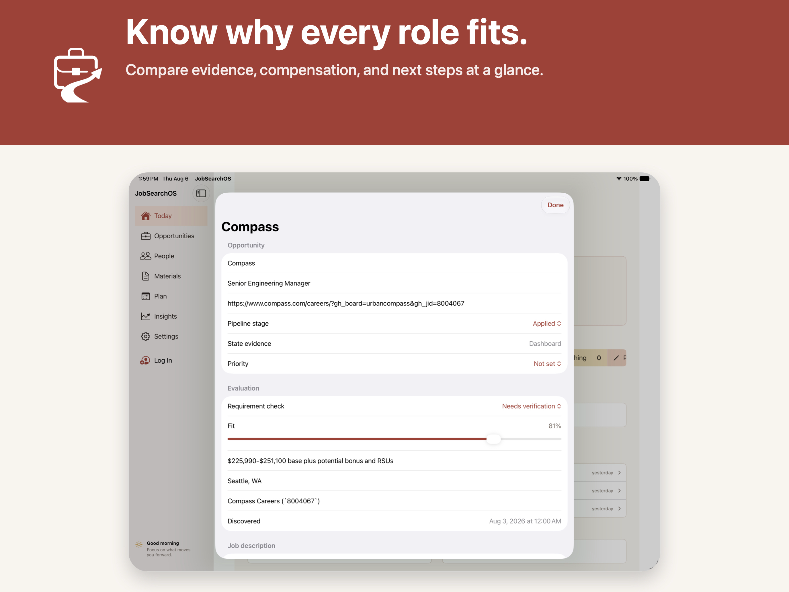 JobSearchOS opportunity details and fit assessment on iPad
