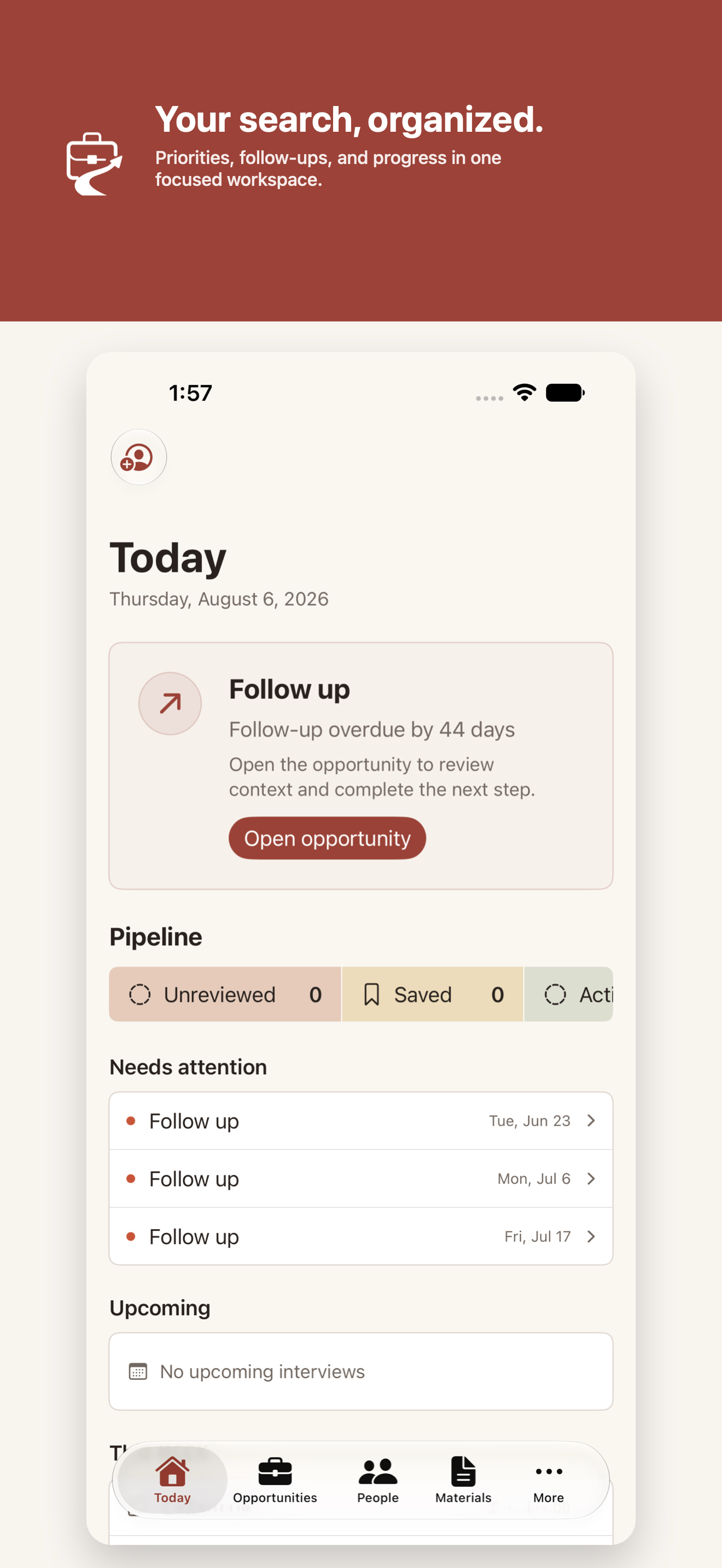 JobSearchOS Today view with follow-ups, pipeline, and upcoming activity
