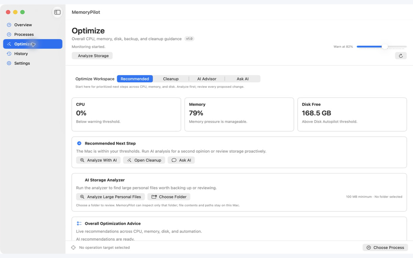 MemoryPilot Optimize view with safe next steps and storage analysis