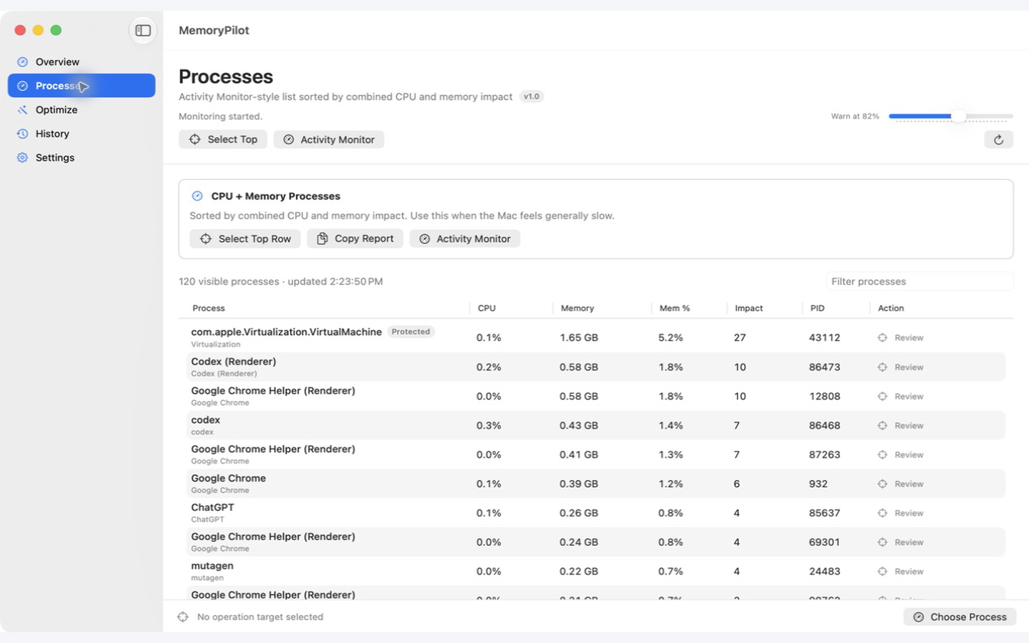 MemoryPilot Processes view ranking CPU and memory usage